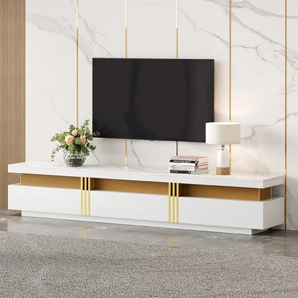 TV-skænk - Lowboard - Marmorlook - 200 x 40 x 42 cm - 3 skuffer - Kabelgennemføring - Moderne marokkansk stil - Hvid