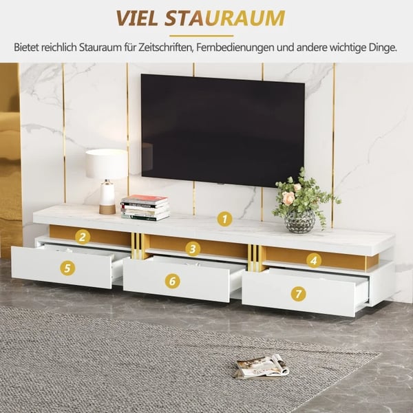 TV-skænk - Lowboard - Marmorlook - 200 x 40 x 42 cm - 3 skuffer - Kabelgennemføring - Moderne marokkansk stil - Hvid