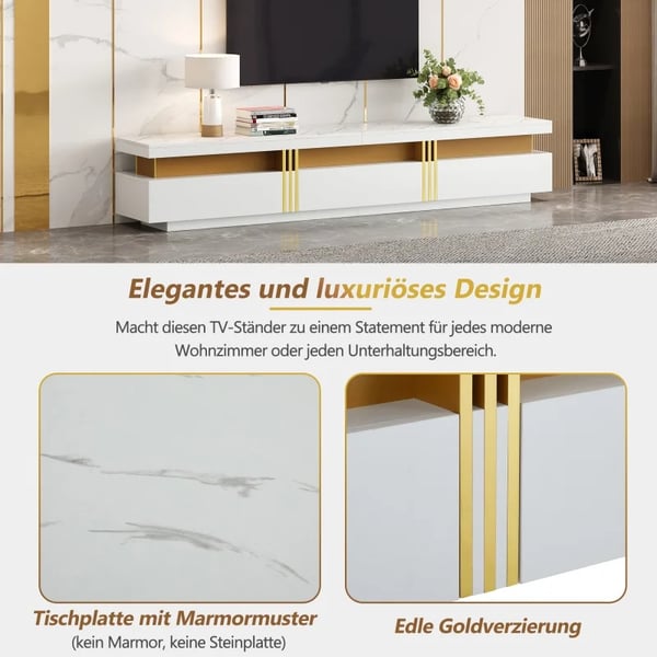 TV-skænk - Lowboard - Marmorlook - 200 x 40 x 42 cm - 3 skuffer - Kabelgennemføring - Moderne marokkansk stil - Hvid