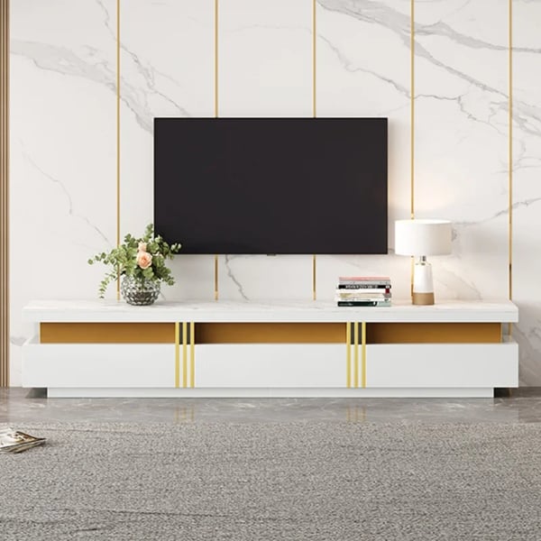 TV-skænk - Lowboard - Marmorlook - 200 x 40 x 42 cm - 3 skuffer - Kabelgennemføring - Moderne marokkansk stil - Hvid