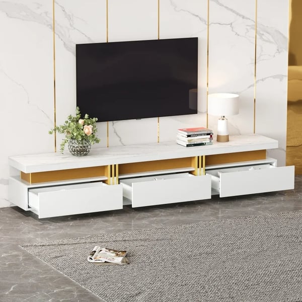 TV-skænk - Lowboard - Marmorlook - 200 x 40 x 42 cm - 3 skuffer - Kabelgennemføring - Moderne marokkansk stil - Hvid