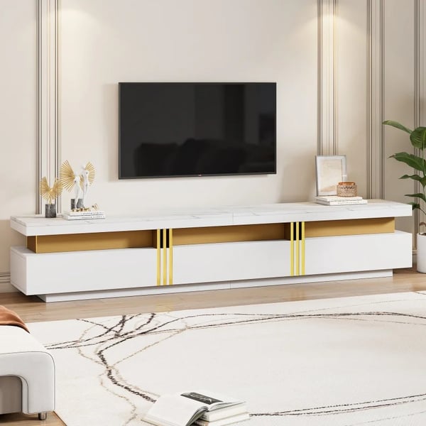 TV-skænk - Lowboard - Marmorlook - 200 x 40 x 42 cm - 3 skuffer - Kabelgennemføring - Moderne marokkansk stil - Hvid