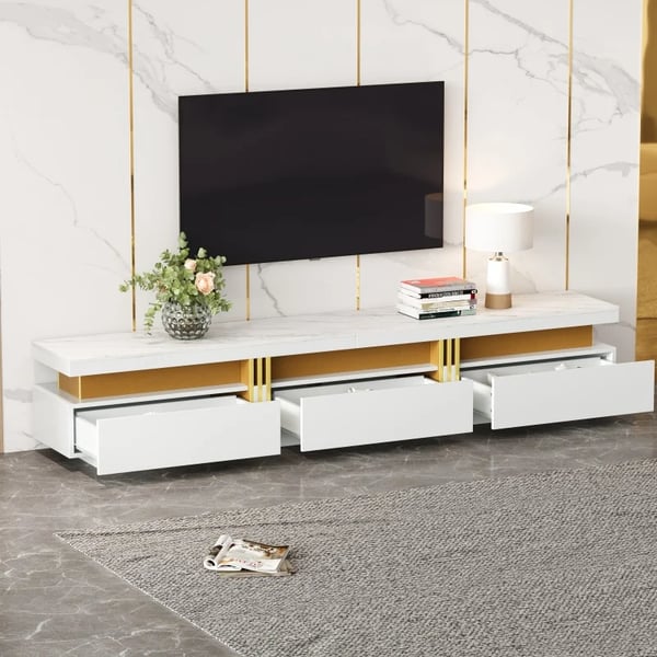 TV-skænk - Lowboard - Marmorlook - 200 x 40 x 42 cm - 3 skuffer - Kabelgennemføring - Moderne marokkansk stil - Hvid