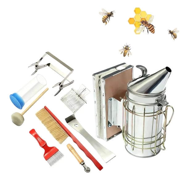 Biodlingskit - Biodlingsverktyg 7 delar - Stor rökpust i stål - Startpaket för biodlare - Verktyg och tillbehör - Silver