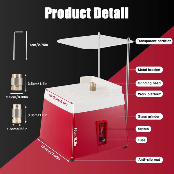 Glas-sliber til tiffanyglas - Elektrisk bordssliber 220 V EU - 65 W - 4200 o/min - Automatisk vandtilførsel - 1,6/2,54 cm slibestifter - Rød
