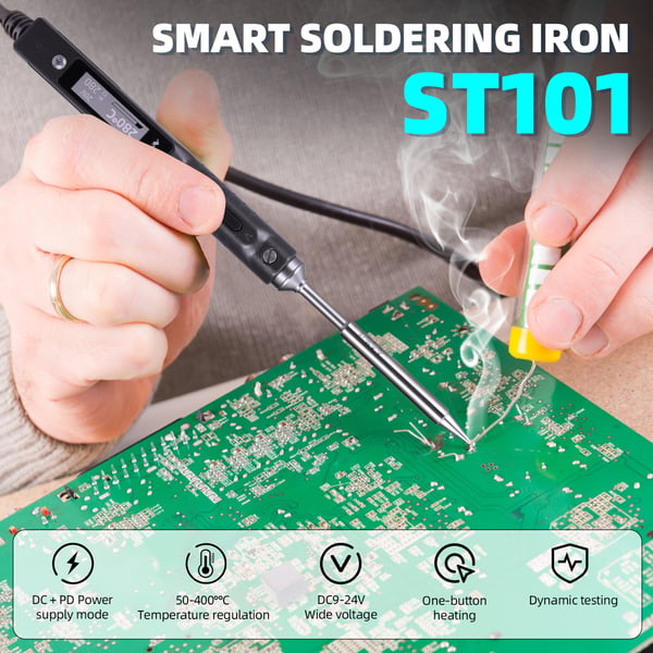TS101 - Loddekolbe / Loddekolbestation - 65 W - Bærbar - Smart temperaturstyring - LCD-skærm - DC 5,5×2,5 mm - Sort