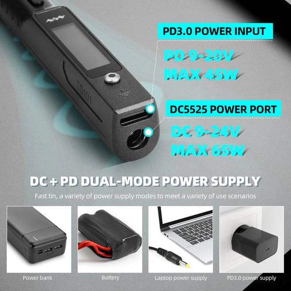 TS101 - Loddekolbe / Loddekolbestation - 65 W - Bærbar - Smart temperaturstyring - LCD-skærm - DC 5,5×2,5 mm - Sort