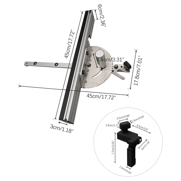 Præcisions geringsanslag / miter gauge - Til bordsav - Justerbar vinkel 0–60° - Træarbejde - Sølv