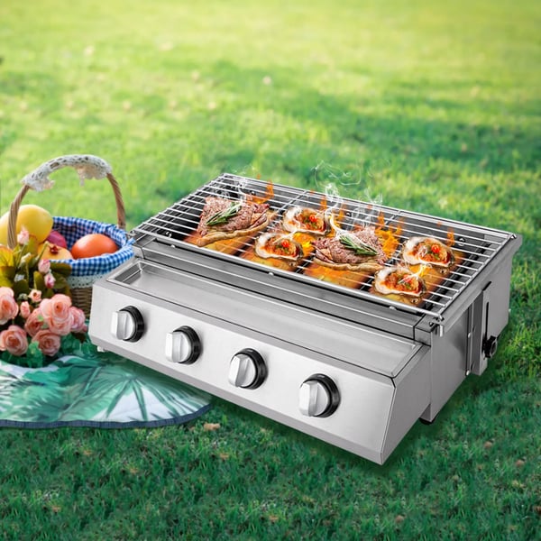 Gasgrill BBQ - Bordgrill - 4 brændere, LPG/Propan, rustfrit stål, infrarød keramisk plade, 58×40×20 cm - Sølv