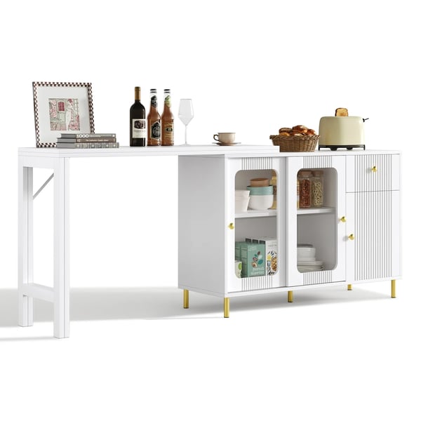 Buffé Skänk - Sideboard - Fällbar och Utdragbar Bordsskiva - Roterbar Yta - Glasskjutdörrar - För Matsal och Kök - Vit
