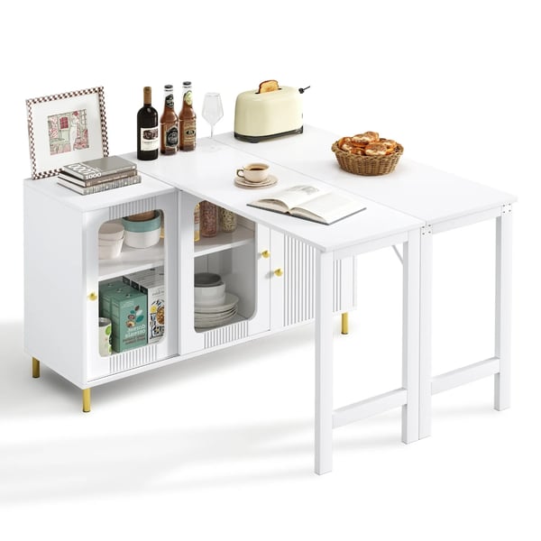 Buffet Skænk - Sideboard - Foldbar og Udtrækkelig Bordplade - Drejbar Overflade - Glasskydedøre - Til Spisestue og Køkken - Hvid