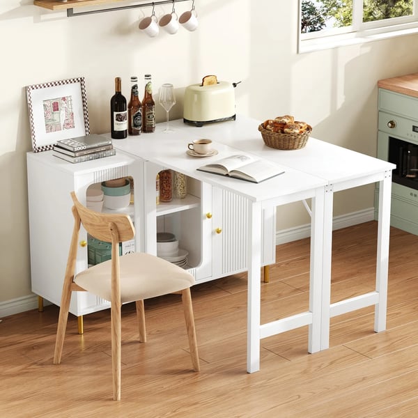 Buffet Skænk - Sideboard - Foldbar og Udtrækkelig Bordplade - Drejbar Overflade - Glasskydedøre - Til Spisestue og Køkken - Hvid