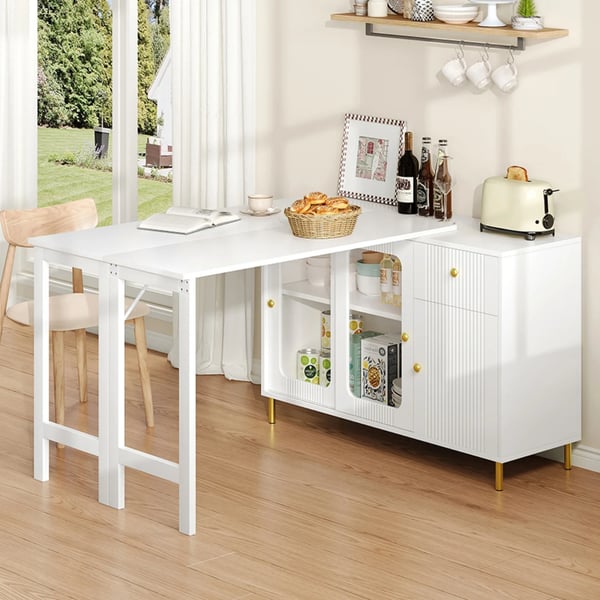 Buffet Skænk - Sideboard - Foldbar og Udtrækkelig Bordplade - Drejbar Overflade - Glasskydedøre - Til Spisestue og Køkken - Hvid