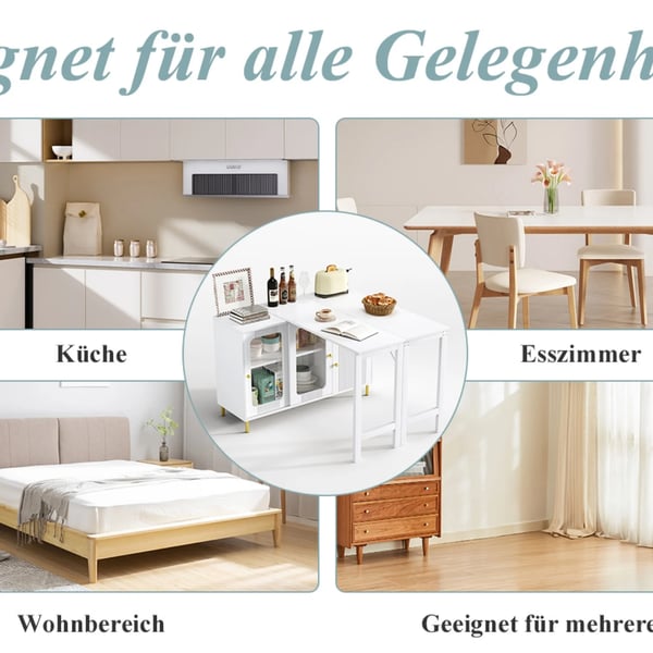 Buffet Skænk - Sideboard - Foldbar og Udtrækkelig Bordplade - Drejbar Overflade - Glasskydedøre - Til Spisestue og Køkken - Hvid