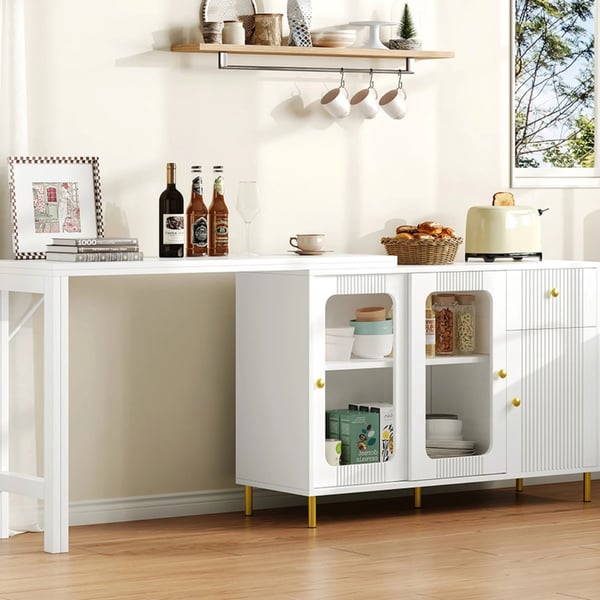 Buffet Skænk - Sideboard - Foldbar og Udtrækkelig Bordplade - Drejbar Overflade - Glasskydedøre - Til Spisestue og Køkken - Hvid