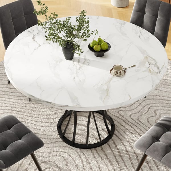 Pyöreä ruokapöytä - Ruokapöytä - 80x80x76 cm - Marmorikuvioitu MDF-kansi - 4–6 hengelle - Moderni tyyli - Kokoaminen vaaditaan - Musta