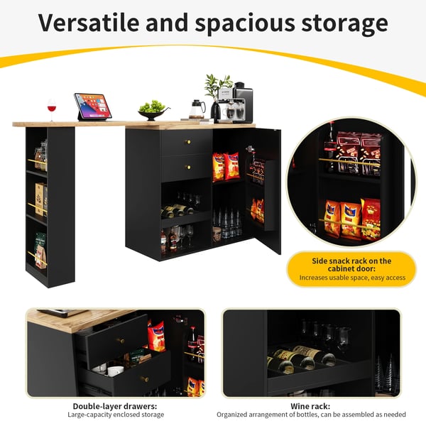 Barbord - MDF - 2 Opbevaringsskuffer - Udtrækkeligt Vinskab Med Skydedør - Rektangulær, Moderne - 105 x 39 x 102 cm - Sort