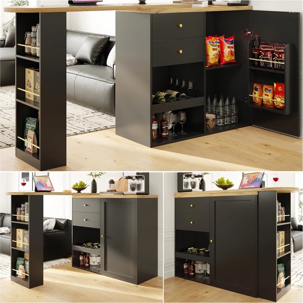Barbord - MDF - 2 Opbevaringsskuffer - Udtrækkeligt Vinskab Med Skydedør - Rektangulær, Moderne - 105 x 39 x 102 cm - Sort