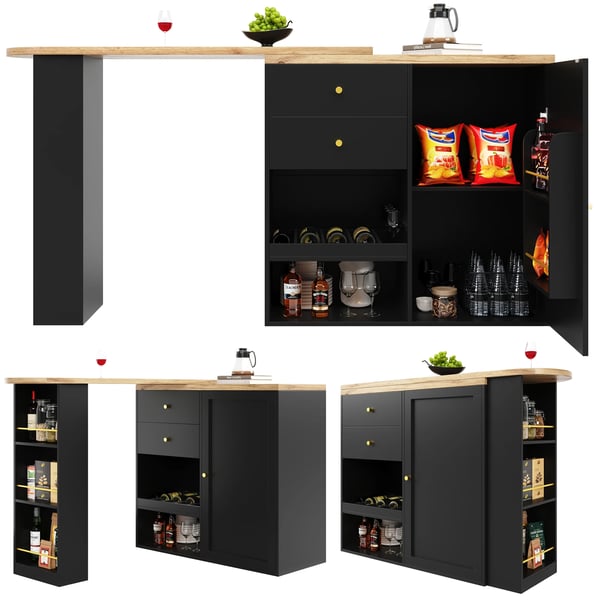 Barbord - MDF - 2 Opbevaringsskuffer - Udtrækkeligt Vinskab Med Skydedør - Rektangulær, Moderne - 105 x 39 x 102 cm - Sort