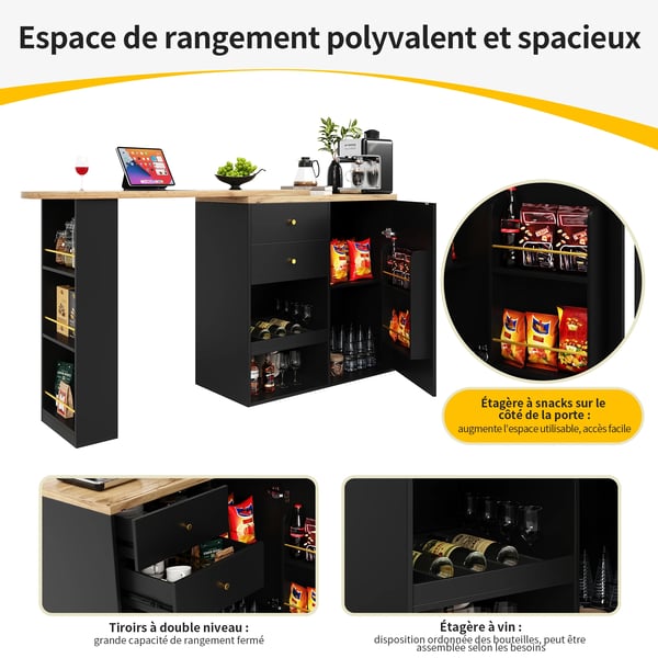 Barbord - MDF - 2 Opbevaringsskuffer - Udtrækkeligt Vinskab Med Skydedør - Rektangulær, Moderne - 105 x 39 x 102 cm - Sort