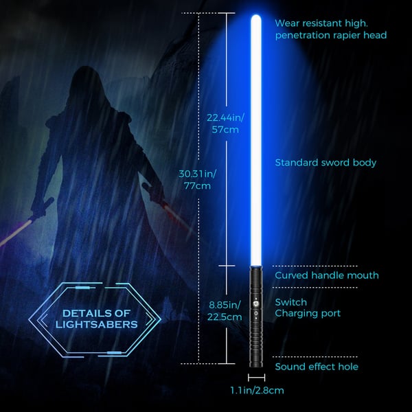 Ljussabel / Lightsaber - LED-svärd - USB-uppladdningsbar - 7 färger - Ljudeffekter - Blinkande - Metallhandtag - Svart