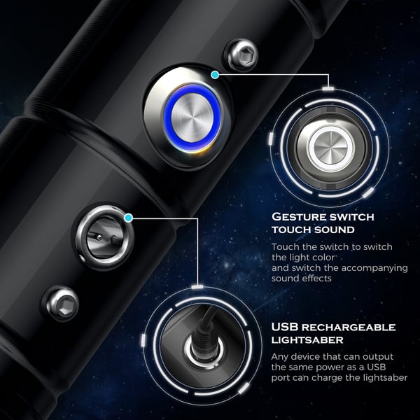 Ljussabel / Lightsaber - LED-svärd - USB-uppladdningsbar - 7 färger - Ljudeffekter - Blinkande - Metallhandtag - Svart