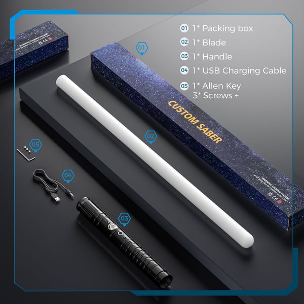 Ljussabel / Lightsaber - LED-svärd - USB-uppladdningsbar - 7 färger - Ljudeffekter - Blinkande - Metallhandtag - Svart
