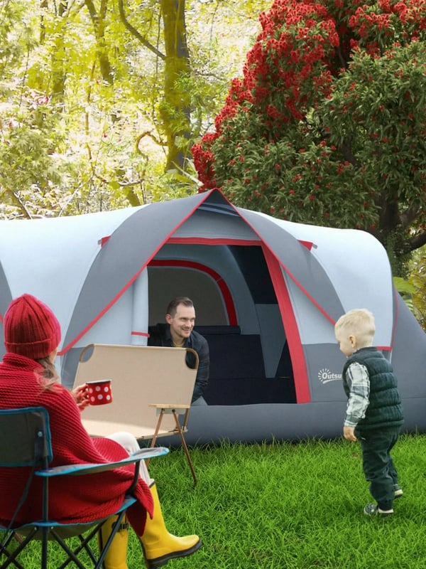 Campingtält - Tunneltält - 3–4 Personer - Vattentätt 3000 mm - Lättvikt - 201T Polyester - Ett Sovrum - Ljusgrå