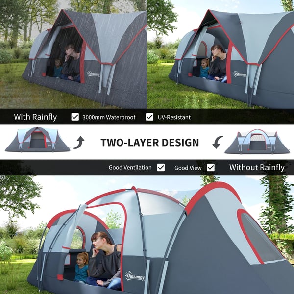 Campingtält - Tunneltält - 3–4 Personer - Vattentätt 3000 mm - Lättvikt - 201T Polyester - Ett Sovrum - Ljusgrå
