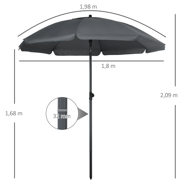 Strand- och terrassparasoll - Ø 180 cm - Justerbar lutning - UV 50+ - Vattentät - Mörkgrå