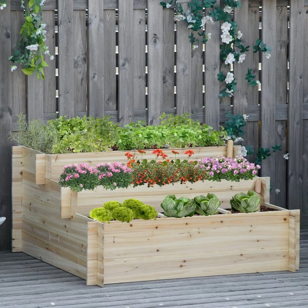 3-vånings odlingslåda - Trappformad planteringslåda - Granträ - Geotextilduk - 117×100×54 cm - För blommor och växter - Naturträ