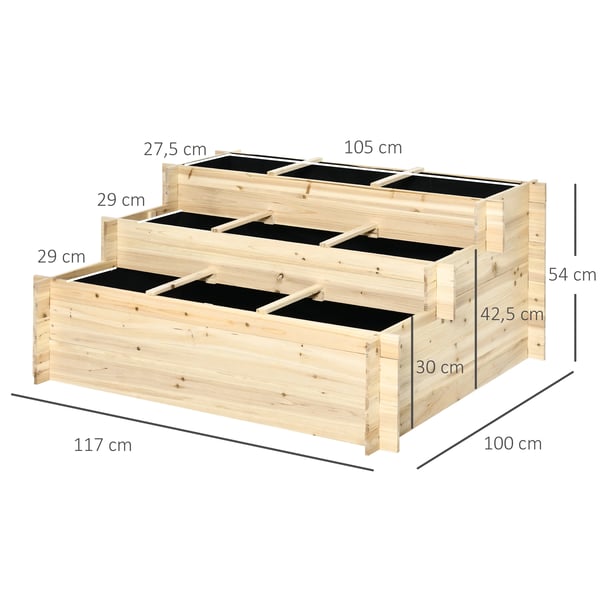 3-vånings odlingslåda - Trappformad planteringslåda - Granträ - Geotextilduk - 117×100×54 cm - För blommor och växter - Naturträ