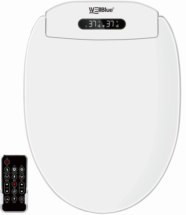 Sähköinen bide-istuinkansi - 480 mm - Pitkänmallinen - Avoin etuosa - Kaukosäädin - Pehmeästi sulkeutuva - Liikkuva suutin - EU‑pistoke 220–230 V