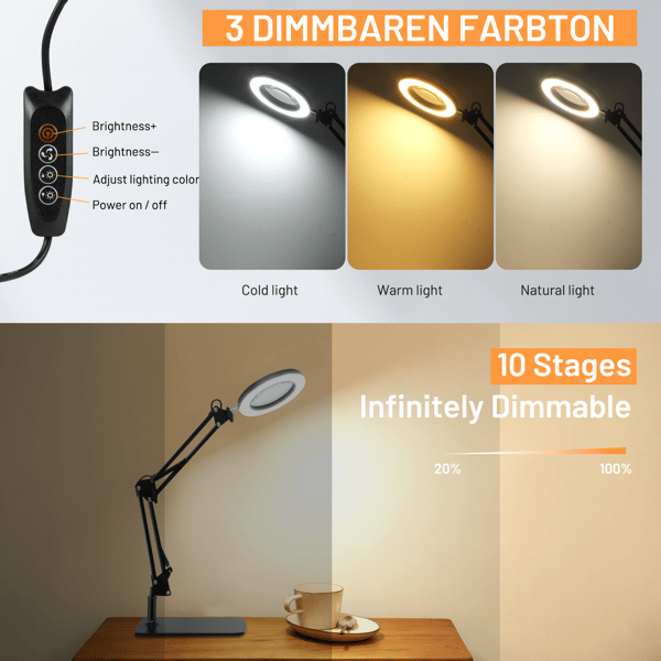 Luplampe - Bordlampe med klemme - Forstørrelse 10x - LED - 3 Farvetilstande - Til Håndarbejde & Reparation - Sort