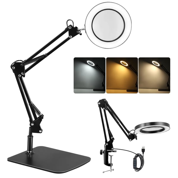 Luplampe - Bordlampe med klemme - Forstørrelse 10x - LED - 3 Farvetilstande - Til Håndarbejde & Reparation - Sort