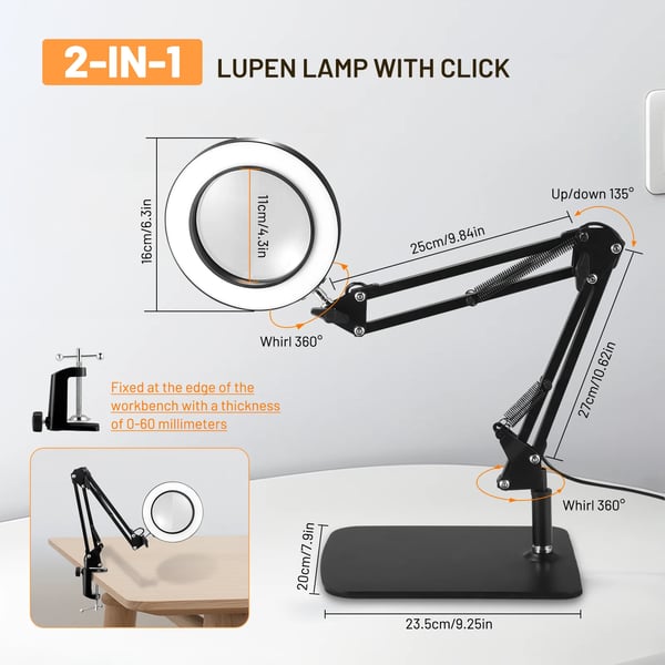 Luplampe - Bordlampe med klemme - Forstørrelse 10x - LED - 3 Farvetilstande - Til Håndarbejde & Reparation - Sort