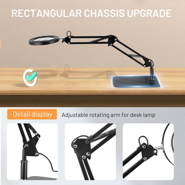 Luplampe - Bordlampe med klemme - Forstørrelse 10x - LED - 3 Farvetilstande - Til Håndarbejde & Reparation - Sort