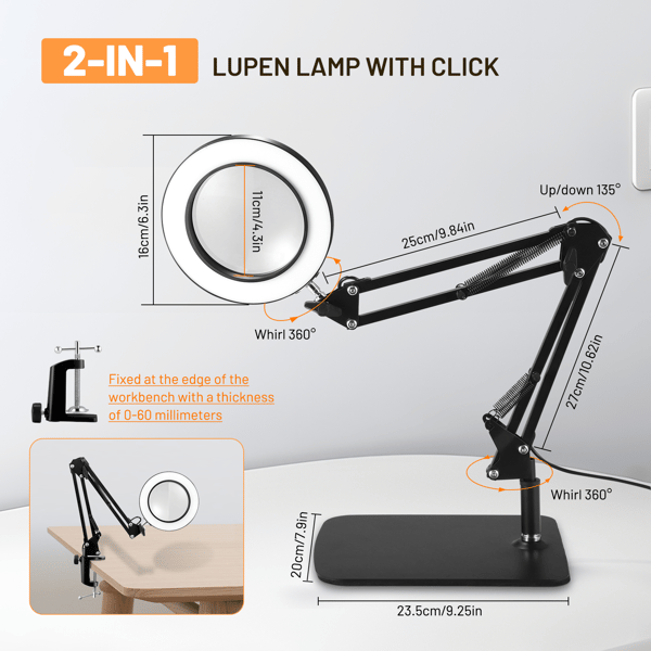 Luplampe - Bordlampe med klemme - Forstørrelse 10x - LED - 3 Farvetilstande - Til Håndarbejde & Reparation - Sort