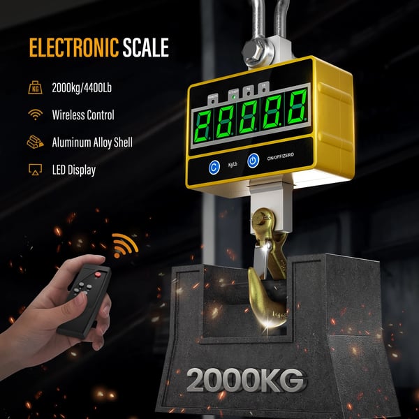 Digitaalinen nosturivaaka - Ripustettava vaaka - 2 t/2000 kg Kantavuus - Ladattava - Kaukosäädin - 220 V - Akku mukana - Teollinen - Keltainen