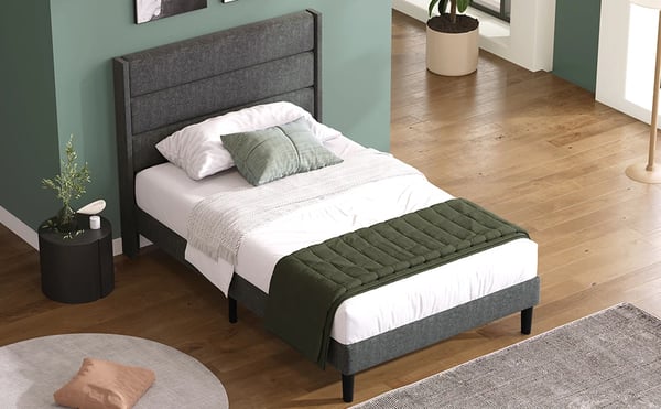 Polstret sengestel 90x200 cm - Enkeltseng - Linnedstof - Hovedgærde med lameller - Moderne design - Uden opbevaring - Mørkegrå