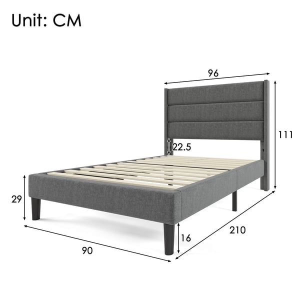 Polstret sengestel 90x200 cm - Enkeltseng - Linnedstof - Hovedgærde med lameller - Moderne design - Uden opbevaring - Mørkegrå
