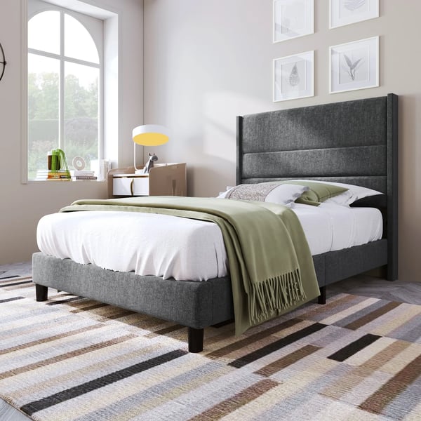 Polstret sengestel 90x200 cm - Enkeltseng - Linnedstof - Hovedgærde med lameller - Moderne design - Uden opbevaring - Mørkegrå