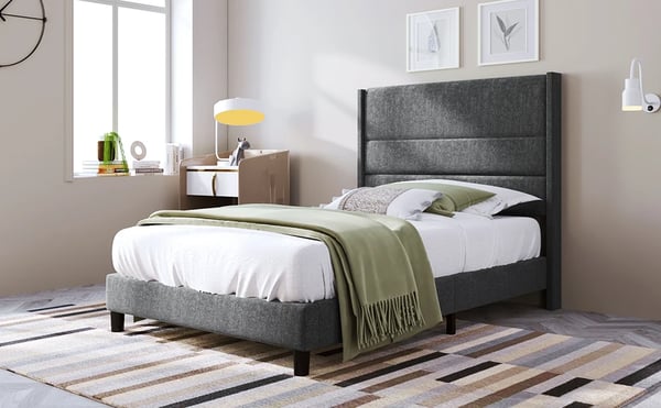 Polstret sengestel 90x200 cm - Enkeltseng - Linnedstof - Hovedgærde med lameller - Moderne design - Uden opbevaring - Mørkegrå
