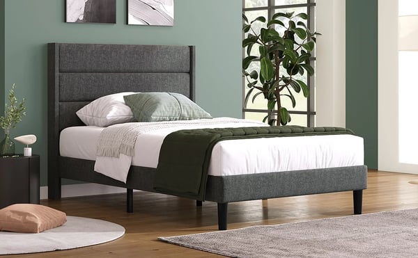 Polstret sengestel 90x200 cm - Enkeltseng - Linnedstof - Hovedgærde med lameller - Moderne design - Uden opbevaring - Mørkegrå