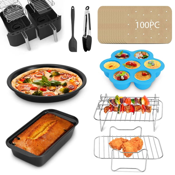 Airfryer tilbehørssæt - BBQ grillrist, pizzapande, bage-/kageform - Til airfryer med dobbeltkurv - Sort