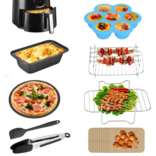 Airfryer tilbehørssæt - BBQ grillrist, pizzapande, bage-/kageform - Til airfryer med dobbeltkurv - Sort