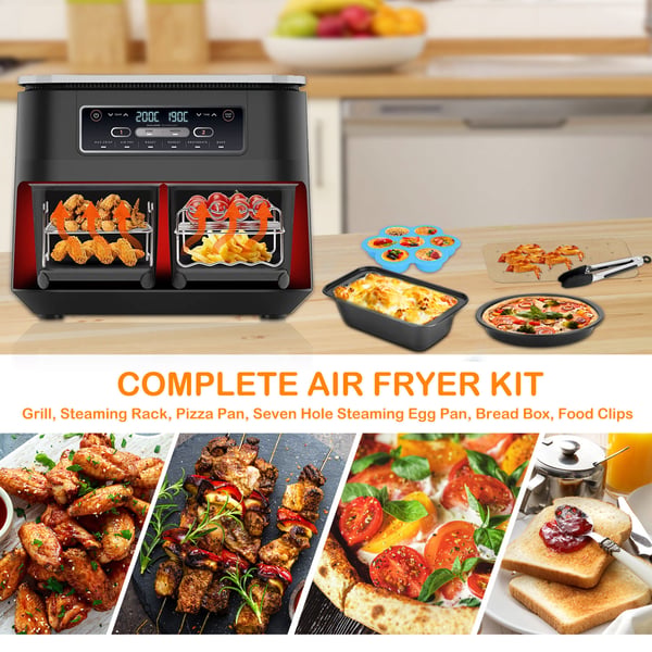 Airfryer tilbehørssæt - BBQ grillrist, pizzapande, bage-/kageform - Til airfryer med dobbeltkurv - Sort