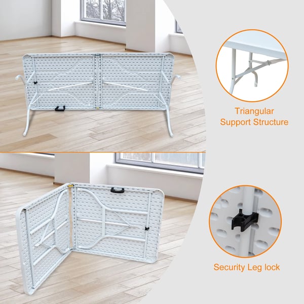 Campingbord - Foldbart Bord - 180x73,6x73,6 cm - Bærbar - Til 6 personer - Rektangulært - Inde/ude - Elfenbensfarvet