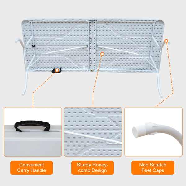 Campingbord - Foldbart Bord - 180x73,6x73,6 cm - Bærbar - Til 6 personer - Rektangulært - Inde/ude - Elfenbensfarvet
