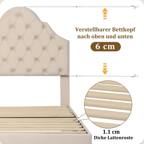 Polstret seng - Enkeltseng 90x200 cm - Med lamelbund - Justerbar sengegavl - Fløjl - Moderne stil - Hvid